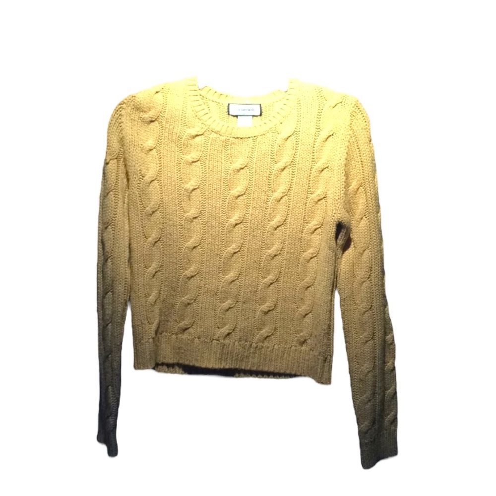 Muted mustard yellow cable knit sweater.